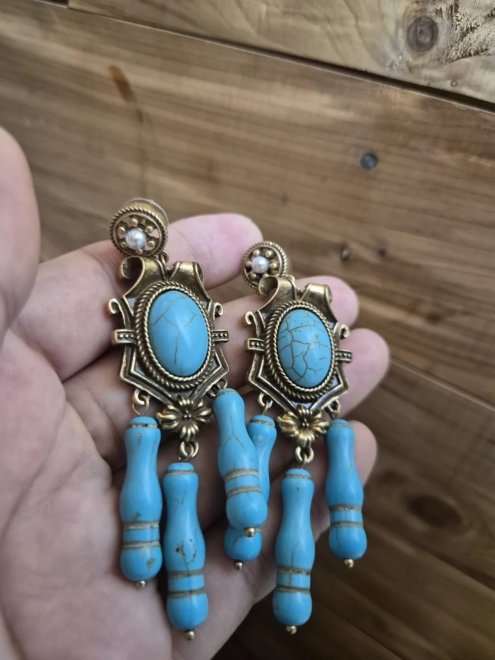 Gold-Tone Turquoise Drop Earrings — Bohemian Blue Statement